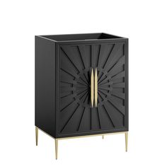 a black cabinet with gold accents on the front and bottom, it has an open door