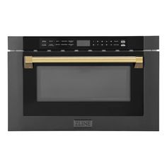 a black and gold microwave oven with the door open