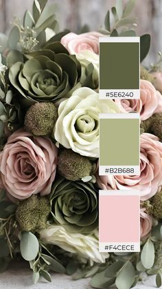 a wedding bouquet with roses and greenery in shades of green, pink and beige