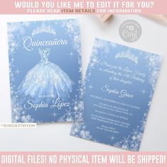 there is a blue and white wedding card with snowflakes on the front, and an image of a ball gown in the back