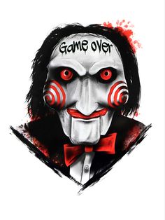 a drawing of a clown with red eyes and an evil look on his face that says game over