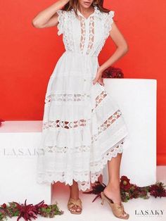 Lasaky - Stylish Embroidered Sleeveless Solid Color Maxi Dress with Stand Collar and Hollow Out Design Fluffy Skirt, Sundress Dress, Cutout Maxi Dress, Sleeveless Long Dress, Embroidered Maxi Dress, Daily Dress, Tiered Dress, Types Of Skirts, Pure Color