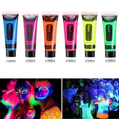 PRICES MAY VARY. 💘【Features】 Quick-drying/long-lasting/easy to color and strong adsorption capacity/cool/safe/wide range of applications, allowing you to easily have a happy and unforgettable moment. 💘【Easy to Apply and Remove】Open the cover of the body paint, apply the paint on the area you want to make up, then wipe directly with a brush or finger to get the pattern you want, easy removal: just use soapy water or cleanser Just wash it. 💘【Size】Each face body paint tube measures about 0.48 fl Light Face Makeup, Neon Face Paint, Neon Party Supplies, Dark Face, Paint Tube, Glow Party Supplies, Christmas Cosplay, Paint Black, Halloween Costumes Makeup