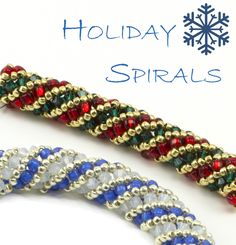 beaded holiday spirals with snowflakes in the background and text overlay that reads, holiday spirals