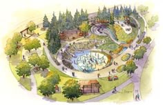 an artist's rendering of a water park in the middle of a wooded area