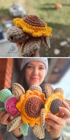 there are two pictures one has a crocheted turtle and the other has flowers in it