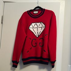 Gucci Sweatshirt - Never Worn. Unisex. Thick Material. Extra Large. Looks Great With Leggings! Gucci Luxury Tops For Winter, Luxury Gucci Winter Top, Luxury Gucci Tops For Winter, Casual Red Gucci Tops, Luxury Gucci Tops For Fall, Designer Red Long Sleeve Tops, Designer Long Sleeve Red Top, Designer Red Crew Neck Top, Designer Red Tops For Fall