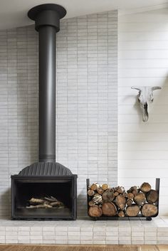 a fireplace with logs in front of it and a deer head mounted on the wall