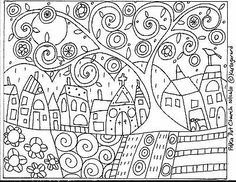 an adult coloring page with houses and trees in the background, surrounded by swirls