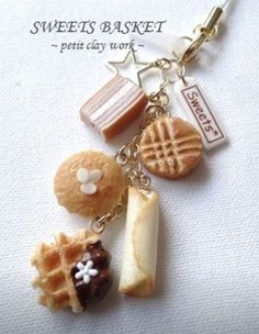 a key chain with cookies, waffles and biscuits on it