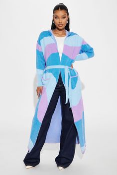 Available In Blue/combo. Cardigan Sweater Abstract Print Long Sleeve Pockets Belted 45% Cotton 55% Nylon Imported | Feelin' The Energy Cardigan in Blue size XL by Fashion Nova Cable Knit Sweater Cardigan, Sweater Jumpsuit, Jean Top, Cardigan Fashion, Women Hoodies Sweatshirts, Cable Knit Sweater, Halloween Dress, The Energy, Matching Dresses