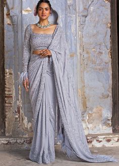 Grey Georgette Sequinned Saree With Full Sleeves Blouse With Feather Detail Nitika Gujral - Fabilicious Fashion Saree With Full Sleeves, Sequinned Saree, Full Sleeves Blouse, Full Sleeves Blouse Designs, Crystal Work, Silver Blouse, Pure Georgette Sarees, Sequin Saree, Grey Saree