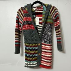 Nwt Mimi & Maggie Crochet Long Cardigan * Beautiful Patchwork Design * Hood * Wood Buttons F8 Fitted Multicolor Cotton Cardigan, Casual Red Crochet Cardigan, Hand Knitted Multicolor Winter Tops, Winter Cotton Crochet Tops, Hand Knitted Cotton Top For Fall, Hand Knitted Multicolor Tops For Fall, Multicolor Hand Knitted Tops For Fall, Crochet Long Cardigan, Weekend Sweatshirt