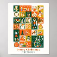 an orange and green christmas card with numbers