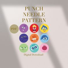 the cover of punch needle pattern is shown with many different faces and eyes on it