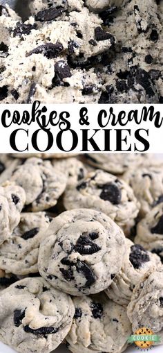 chocolate chip cookies and cream cookies on a white plate with text overlay that reads cookies and cream cookies