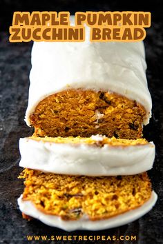 two slices of pumpkin zucchini bread with white frosting on top and the words maple pumpkin zucchini bread