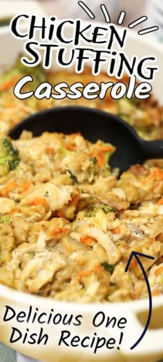 chicken stuffing casserole is shown in a white dish with a black serving spoon