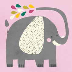 an elephant with flowers on its back is standing in front of a pink background,