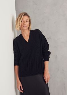 Soft and stylish this v neck sweater is crafted from 100% sustainable cashmere and has chunky ribbed trims and a mixed up all over cable design.  5 gauge crafted in 100% sustainable Mongolian cashmere. 100% sustainable cashmere Sustainable Clothing Brands, Stocking Fillers For Her, Office Dress, Tailored Trousers, Sustainable Clothing, Independent Designers Fashion, V Neck Sweater, Dressed Down, Vneck Sweater