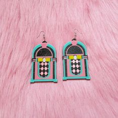 "Thanks so much for the rad pic @theheftyhideaway <3 These rad af Jukebox Earrings are super colorful, and are an awesome statement piece for any outfit! They were designed digitally by BC, then laser cut with many colors of 1/8 of an inch thick acrylic. The pendants were attached to a lightweight layer of 1/16\" black acrylic for extra durability while remaining lightweight. Each pendant was then added securely to a silver hypoallergenic earring hook. From top of earring post to bottom of pe Adjustable Nickel-free Retro Earrings, Retro Rectangular Earrings For Gift, Retro Dangle Earrings, Pink Retro Earrings For Gift, Retro Multicolor Earrings With Ear Wire, Handmade Retro Pink Earrings, Retro Adjustable Pink Earrings, Satanic Jewelry, Pretty Snakes