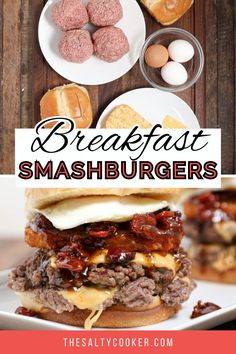 breakfast sandwich with meat, cheese and eggs on the side is featured in this post