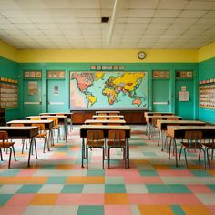 an empty classroom with desks, chairs and a map on the wall