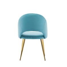 a blue chair with gold legs on a white background