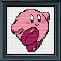 a cross stitch picture of a pink pig with its tongue hanging out in front of it's mouth