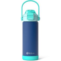 a blue and green insulated water bottle on a white background with the lid up