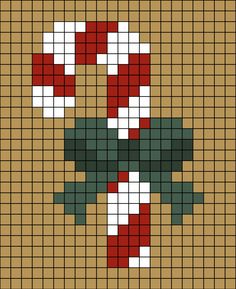 A pixel art template of a Candy Cane with a green bow tied on it. Knit Candy Cane, Gingerbread Man Pixel Art, Candy Cane Pixel Art, Candy Cane Cross Stitch Pattern, Gingerbread House Pixel Art, Cross Stitch Candy Cane, Peler Bead Christmas