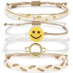 PRICES MAY VARY. 😊SUMMER GIFTS FOR TEENS GIRLS🎁"a very cute smiley charm and a string shinny gold color beads,stackable design-put elements into bracelets for teen girls trendy stuff,at a upcoming easter or birthday, make cute summer preppy bracelets, aesthetic jewelry for teen girls,expressing love for kids or friendship for a friend. 🌈COMFORTABLE WEAR EASY TO ADJUST💥preppy aesthetic smiley string bracelets wax coated waterproof,comfortable to wearing,non-fade,is easy to put on and take off Adjustable Novelty Jewelry, Novelty Summer Jewelry Gift, Novelty Jewelry Gift, Personalized Gold Friendship Bracelets For Beach, White Summer Jewelry For Friendship, Cute Adjustable Summer Jewelry, Adjustable Casual Friendship Bracelets For Birthday, Trendy Adjustable Yellow Friendship Bracelets, Trendy Yellow Adjustable Friendship Bracelets