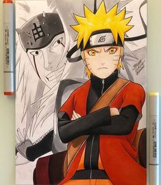 a drawing of naruto with his arms crossed and two other characters in the background