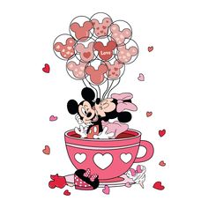 mickey and minnie kissing in a teacup with hearts floating from the cup to the side