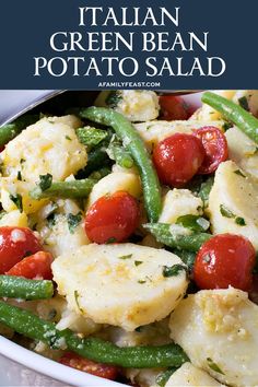 green bean, potato and tomato salad in a white bowl with the title above it