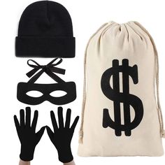 PRICES MAY VARY. Robber Thief Set Includs：1dollar sign money bag with drawstring, 1 black bandit eye cover, 1 black knit beanie hat, 1pair of black gloves, suitable for Halloween Burglar costumes, adding more fun to Halloween. Dollars Canvas Money Bag： Printed with large dollar sign, made of off-white canvas, strong and durable, not easy to piling, with drawstring that help you easy to carry. The bag measures 12 x 16 inch, large enough to hold many things. Thief Knit Beanie Cap：7.2 x 8.2 inches Burglar Costume, Bandits Costume, Robber Costume, Money Bags, Bank Robber, Dollar Sign, Eye Cover, Beanie Cap, Black Gloves