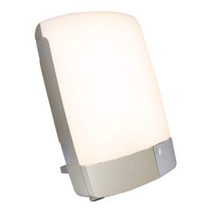 a white light that is on top of a wall mounted lamp with a dimmer