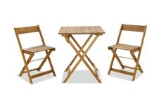 two wooden chairs and a table on a white background