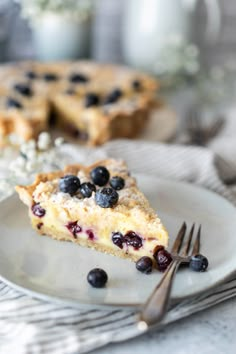 a slice of blueberry pie on a plate with a fork