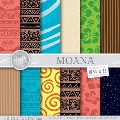 a set of 12 digital paper designs with different patterns and colors, including the word moan