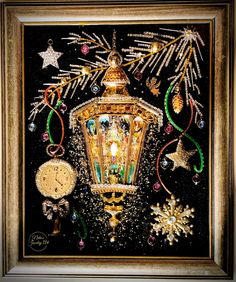 a lighted lantern surrounded by christmas decorations and stars on a black background with gold trimmings