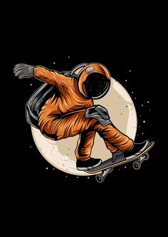 an astronaut riding a skateboard in front of the moon