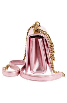 A bejeweled and bow-decked heart clasp with an antique-inspired finish lends a coquettish touch to a metallic-leather bag from the label's Devotion line. Magnetic-snap closure Pull-through chain strap Interior zip pocket Leather lining Leather Made in Italy Designer Handbags Pink Luxury Evening Bag With Gold-tone Hardware, Pink Leather Luxury Evening Bag, Pink Evening Bag With Gold-tone Hardware, Luxury Pink Shoulder Bag For Evening, Designer Pink Evening Bag, Metallic Leather Bag, Antique Inspiration, Pull Through, Pink Pink