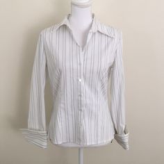 Nwt White And Blue Stripe Button Down Blouse White Collared Shirt With Blue Stripe And White Stitching Details Button Sleeves With Roll Up Cuffs Just Enough Stretch- Tapers In Right Above Waist, And Then Flares Out Slightly At Bottom 97% Cotton 3% Spandex Approx Measurements - 18” At Armpits, 18” At Bottom Hem, Sleeve- 16” From Under Arm To End Of Sleeve When Cuffs Rolled Up, 19” If Cuffs Rolled Down White Formal Blouse With Button Closure, White Button-up Blouse For Formal Occasions, Classic White Blouse With Buttons, White Button-up Formal Top, Classic White Buttoned Blouse, White Formal Button-up Tops, Formal White Button-up Tops, White Collared Blouse With Covered Buttons, White Button-up Blouse With Back Button Closure