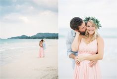 a man and woman standing next to each other on a beach