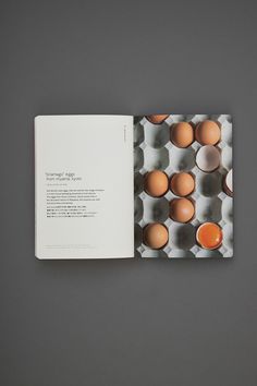 an open book with eggs in it on top of a gray surface and the pages are lined up