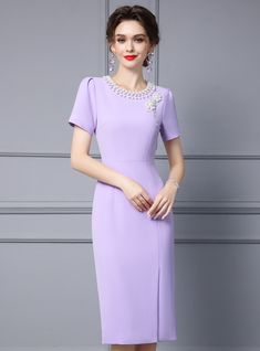 During the joyous occasion of your daughter's wedding, this elegant lavender dress ensures you look your best. Designed with sophistication in mind, this dress features a classic sheath silhouette that gently hugs your figure, creating a sleek and flattering look. The high neckline is adorned with beautiful pearl and floral embellishments, adding a touch of glamour and sophistication. The short sleeves offer a chic and refined appearance, perfect for a formal event. The calming lavender color is Princess Style Prom Dress, Short Sleeve Prom Dresses, Cap Sleeve Prom Dress, Purple Tulle, Tulle Embroidery, Lavender Dress, Designer Gown, Strapless Prom Dress, Lavender Dresses