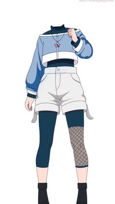 an anime character wearing white shorts and blue shirt with black socks, holding a knife