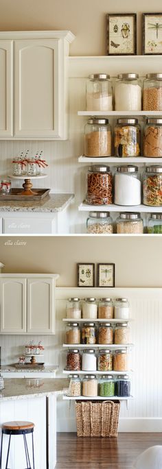 two shelves filled with different types of food in the same kitchen, one is empty and the other has white cabinets