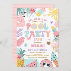 a pool party with pineapples, watermelon and flamingos on it